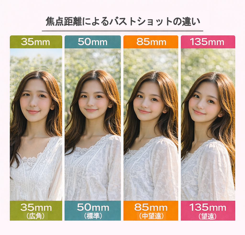 焦点距離別のバストショット比較:50mm・85mm・望遠