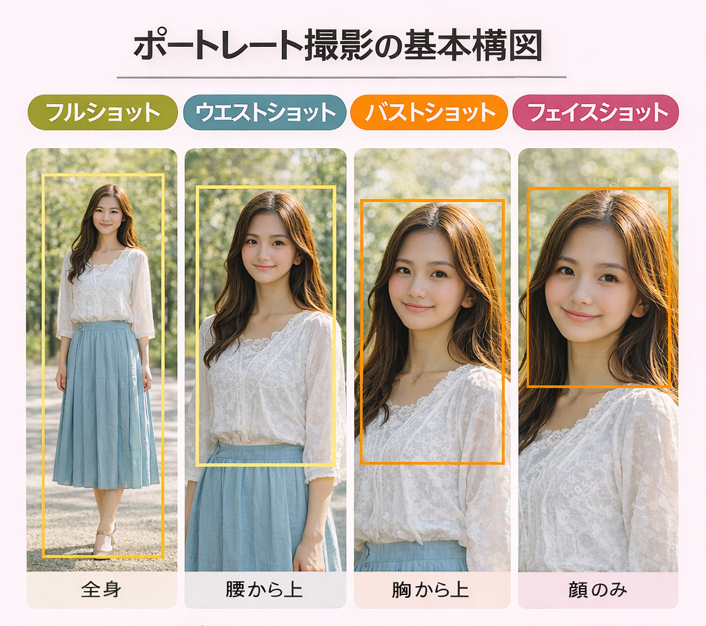 ポートレート構図の比較：フルショット・バストショット・フェイスショット